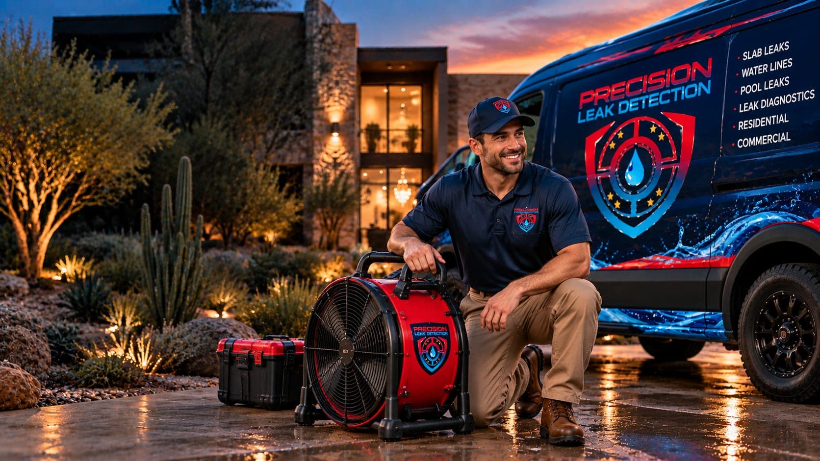 A leak detection technician kneeling beside a drying fan in front of a Phoenix home at dusk, with a wrapped service van behind him
