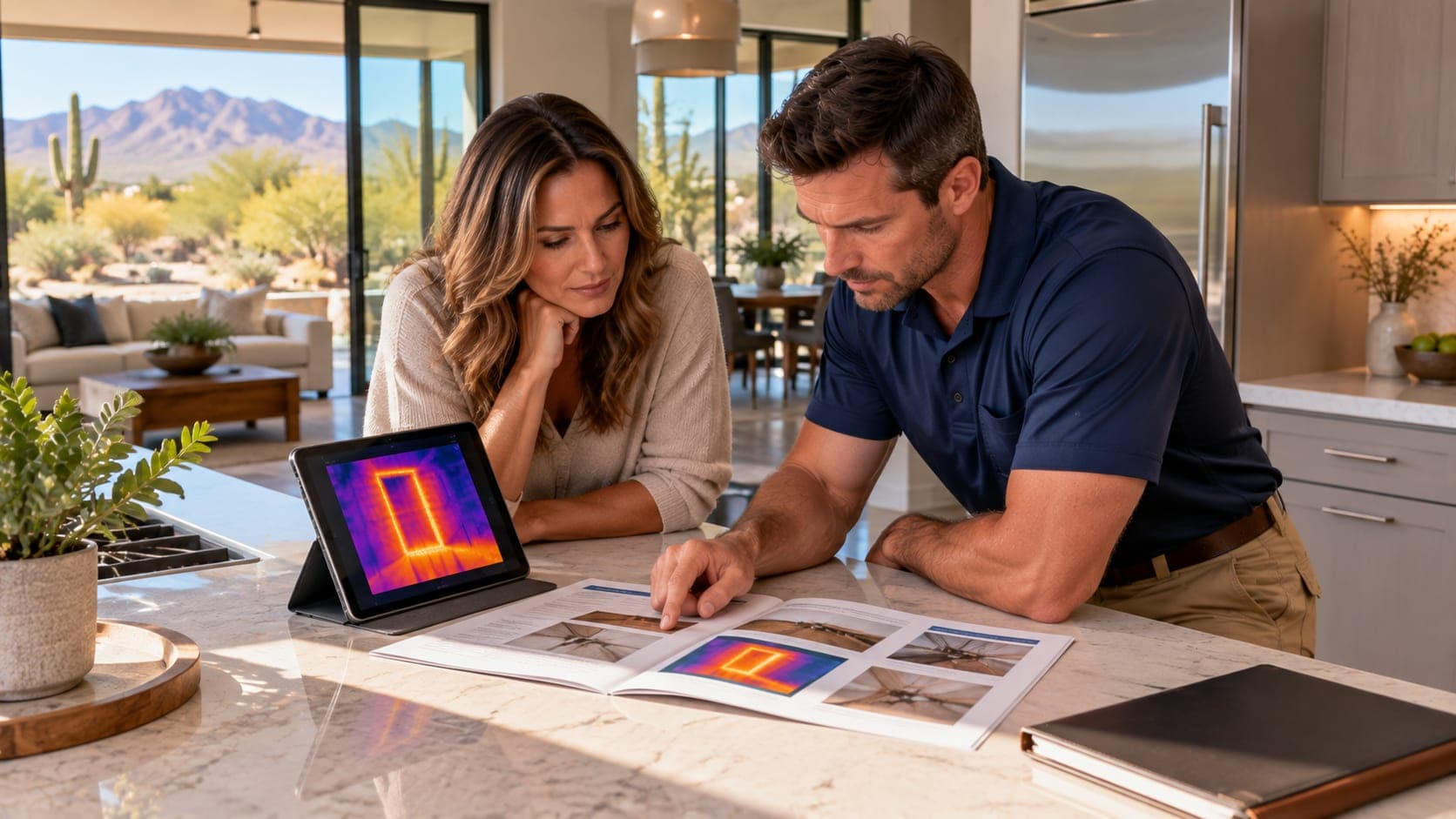 A homeowner and a technician at a kitchen island reviewing a printed report with photos and a tablet showing a thermal image