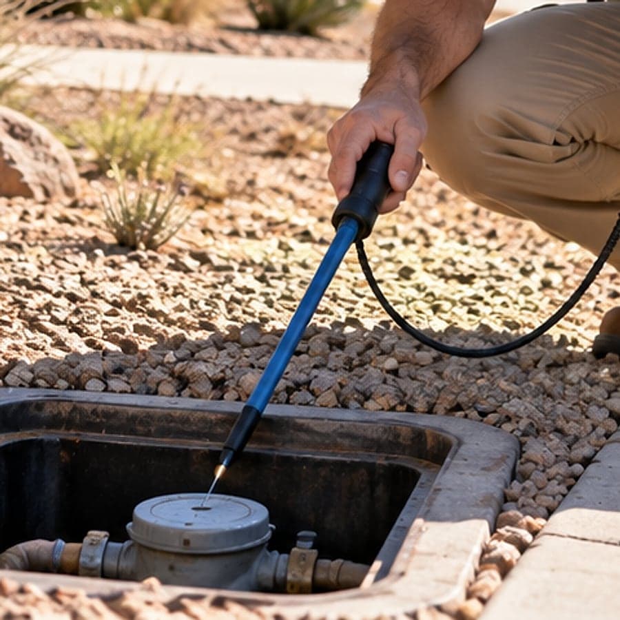 Close-up of the open water meter box with the tracing wand held over it