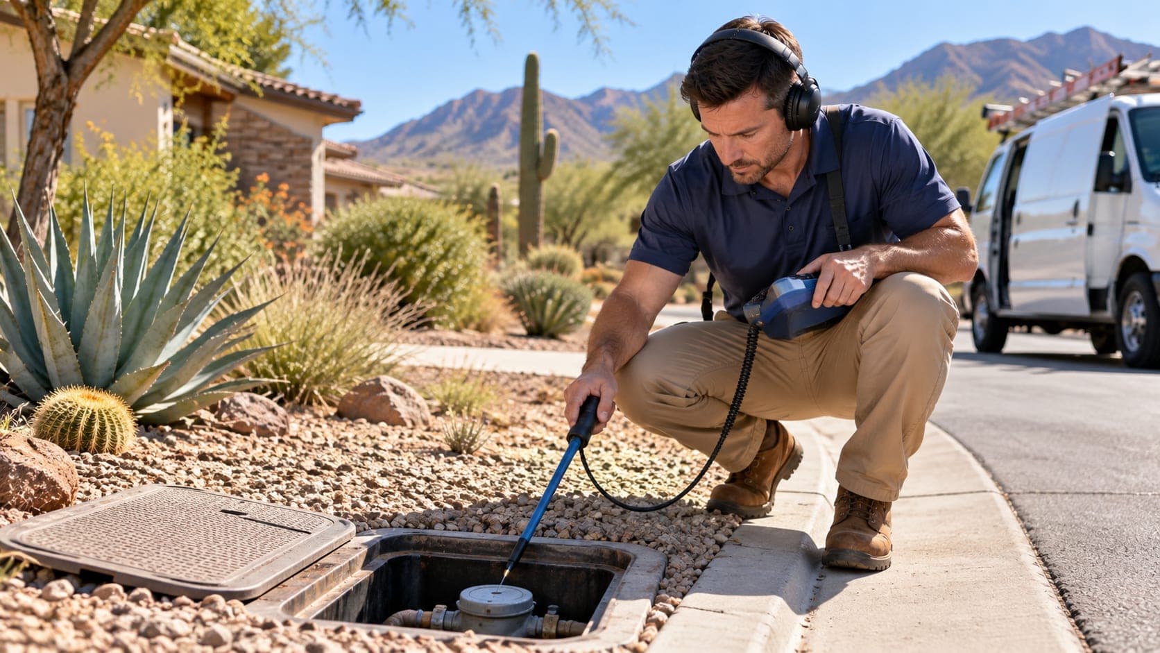 A technician crouched at an open water meter box at the curb of a desert-landscaped yard, holding a tracing wand