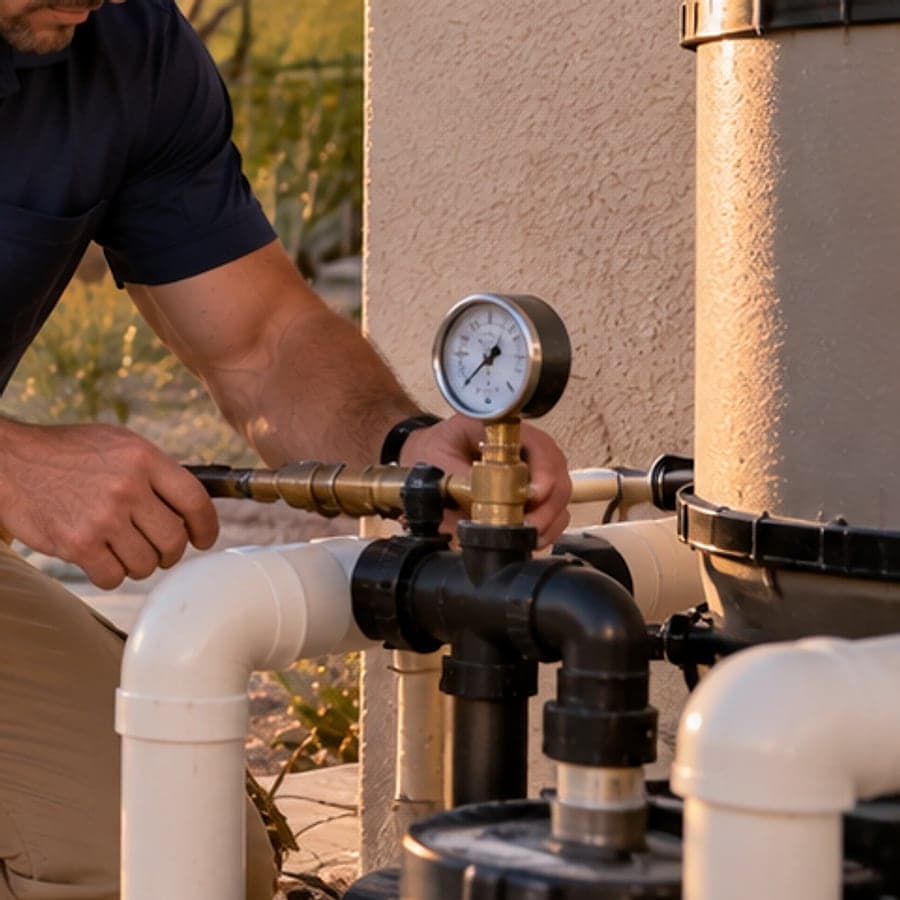 Close-up of a pressure gauge and fittings on a pool equipment pad with the technician's hand on the valve