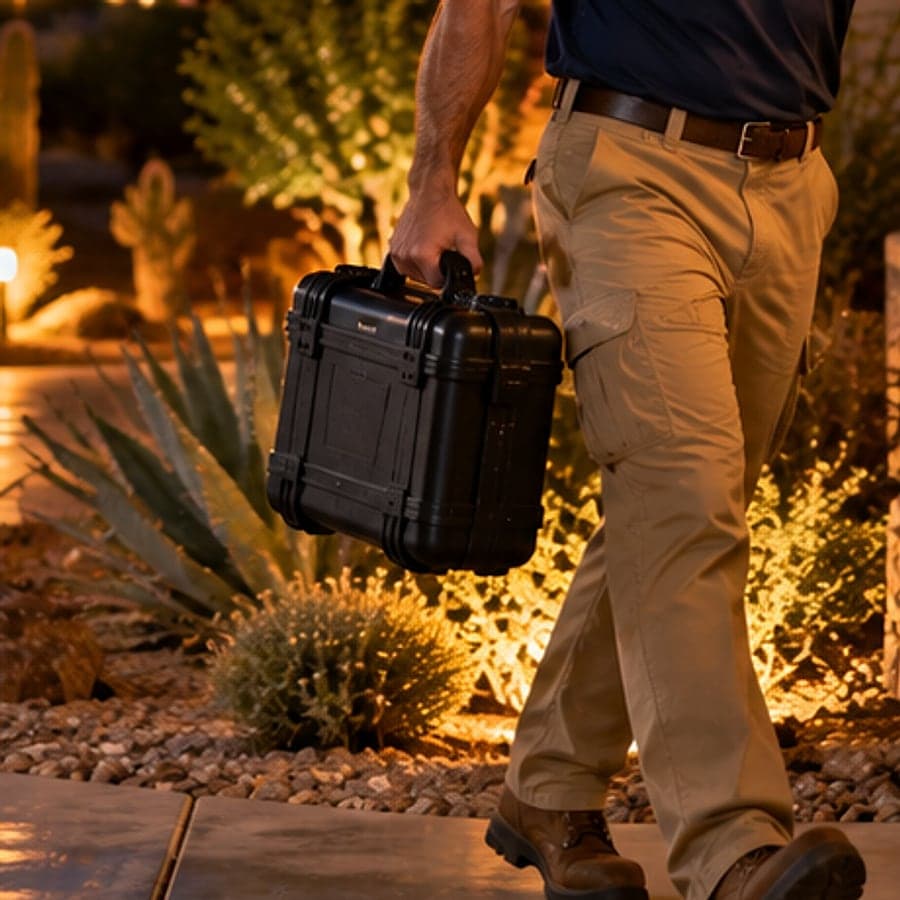 Close-up of the technician carrying the equipment case up a lit walkway at night