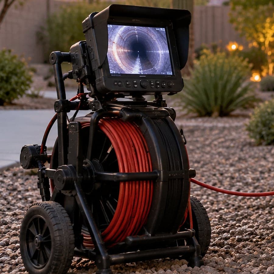 Close-up of the sewer camera reel and its monitor showing the inside of the pipe