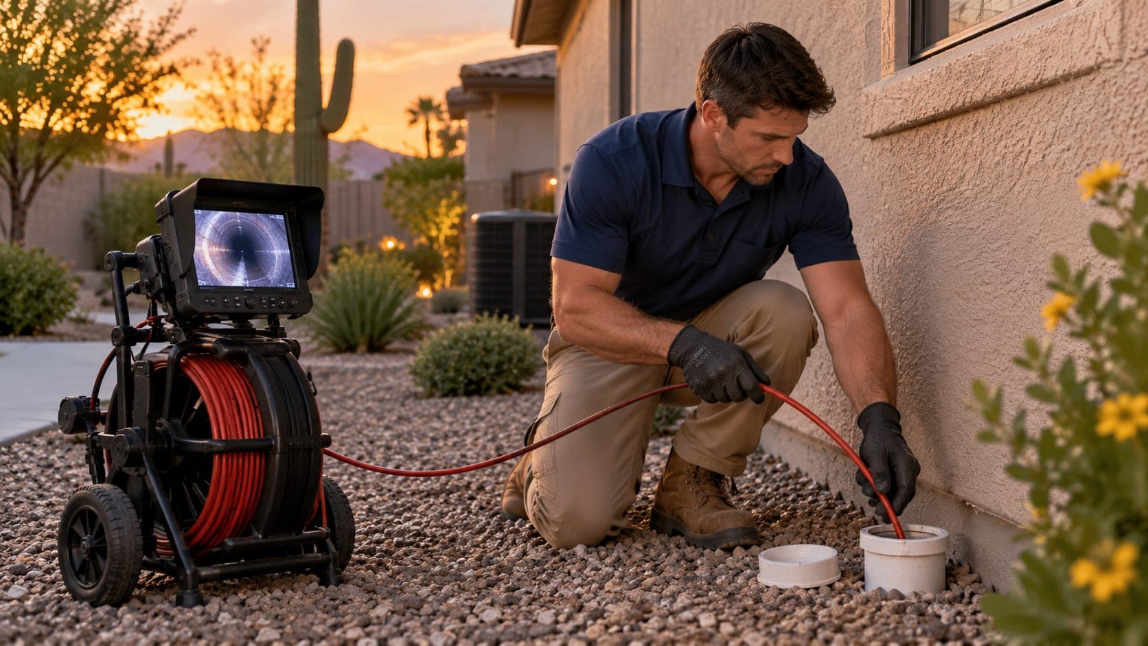 A technician feeding a sewer camera cable into a cleanout beside a stucco home at sunset