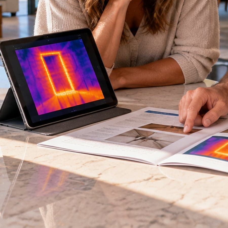 Close-up of a tablet showing a thermal image beside a printed leak report on a kitchen island