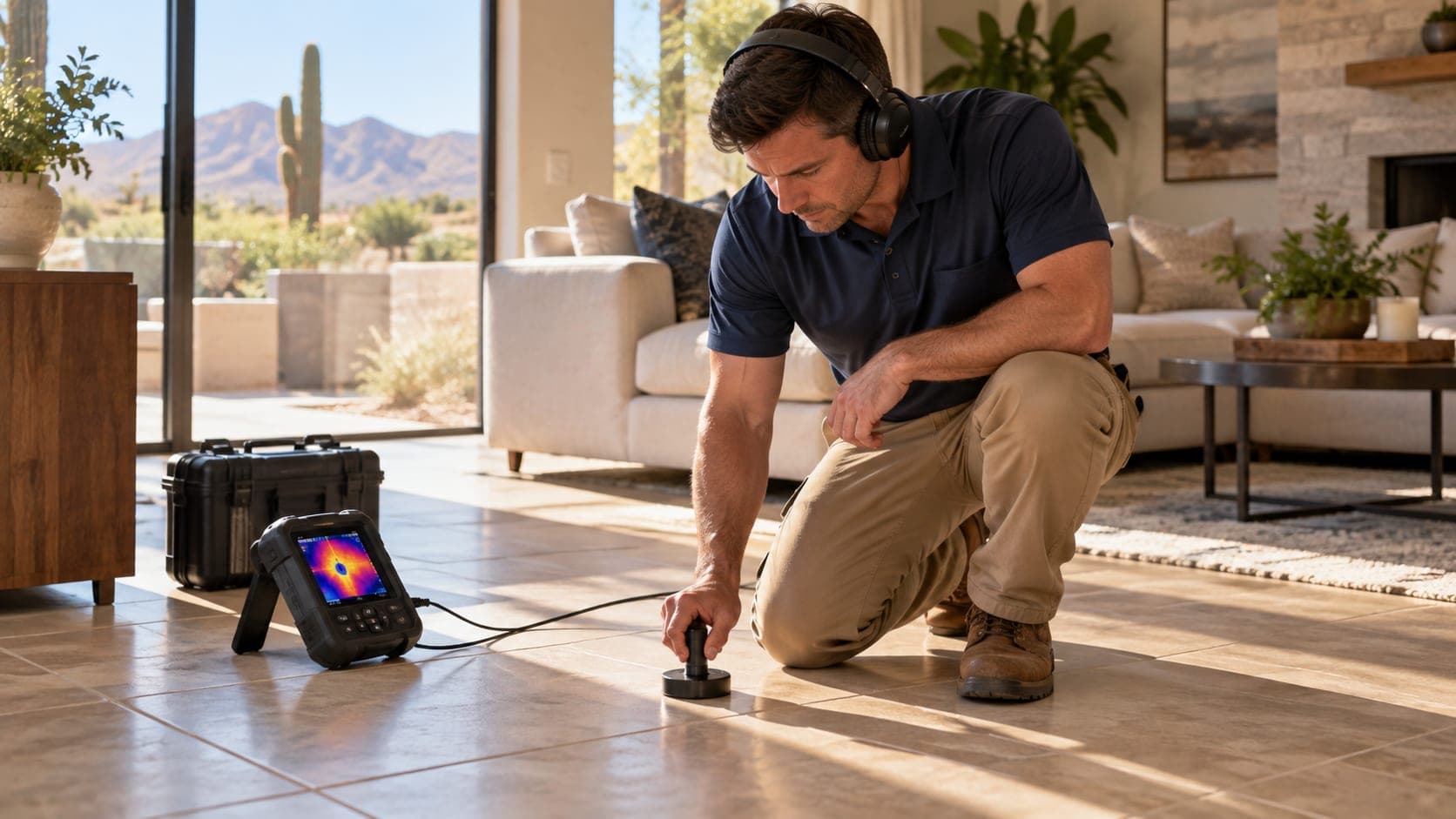 A technician kneeling on a tile floor in a Phoenix living room, pressing an acoustic ground microphone to the floor