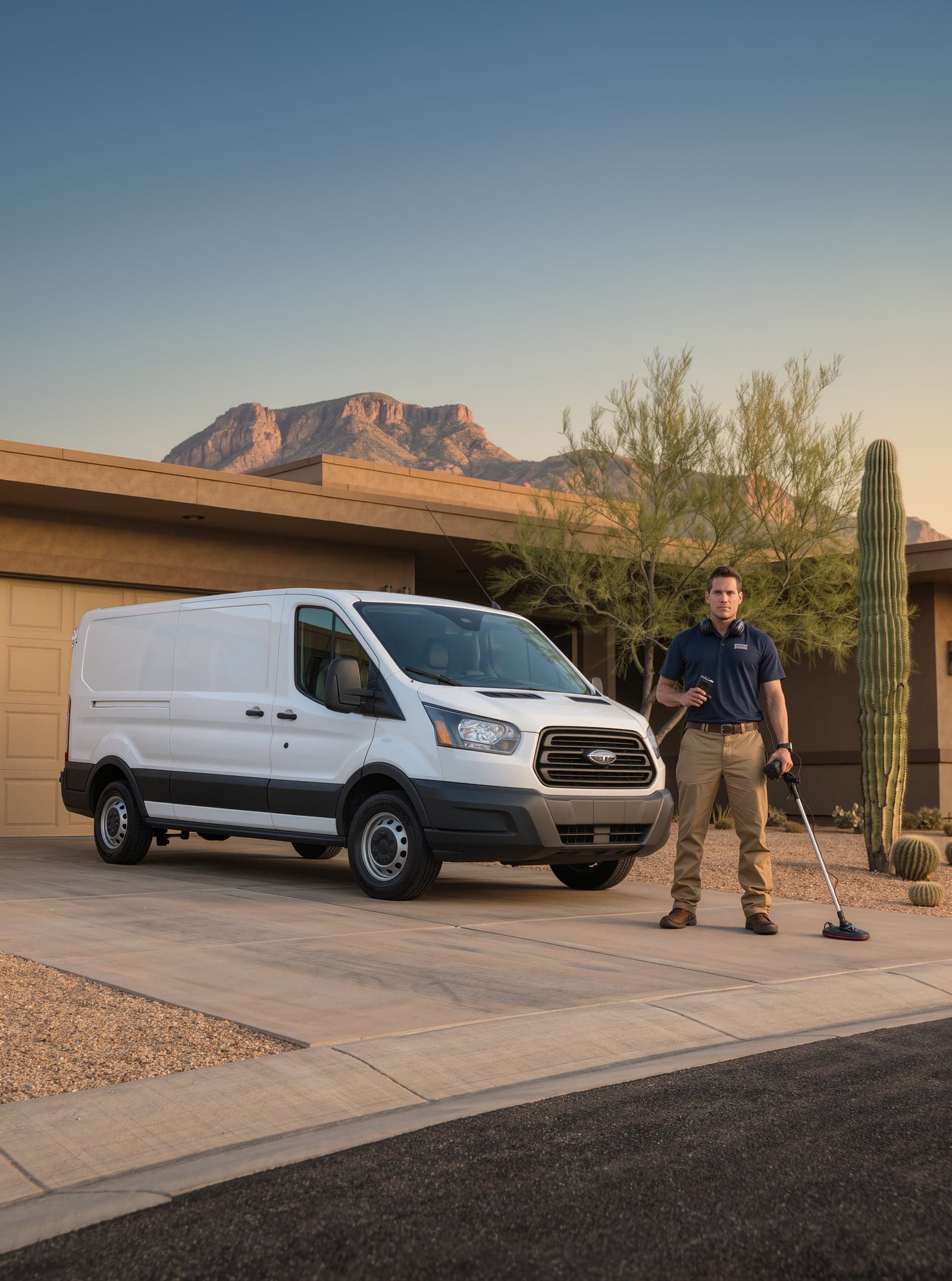 A leak detection technician with a service van outside a Phoenix home
