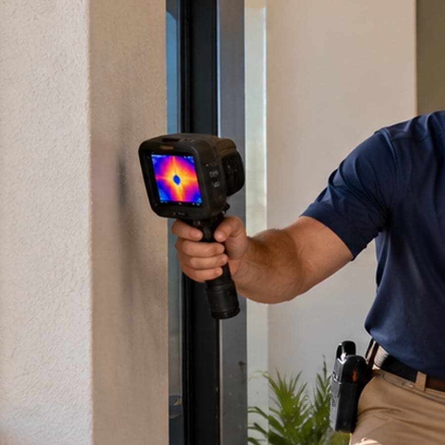 Close-up of a thermal camera held against a lobby wall, its screen showing a warm spot