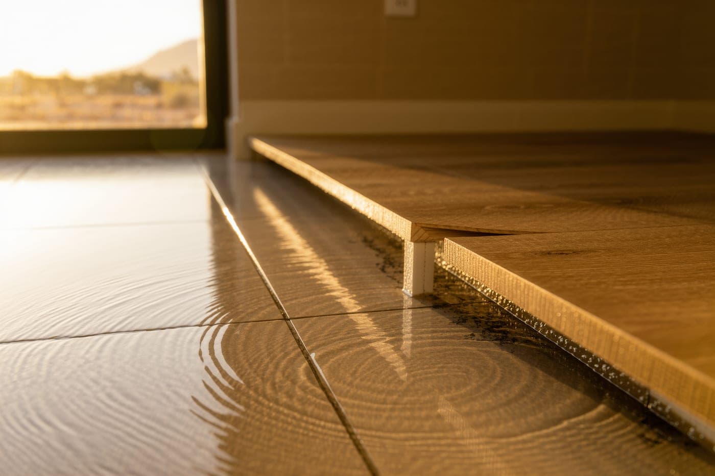 Water from a slab leak spreading across a tile floor and lifting the edge of a wood plank in a Phoenix home