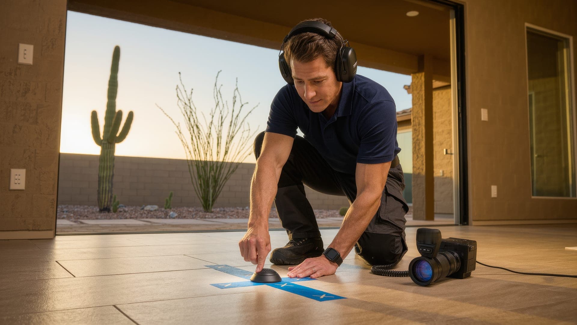 A leak detection technician in headphones kneeling on a tile floor in a Phoenix home, marking the exact spot of a slab leak with blue tape beside a thermal camera, a saguaro visible through the patio door