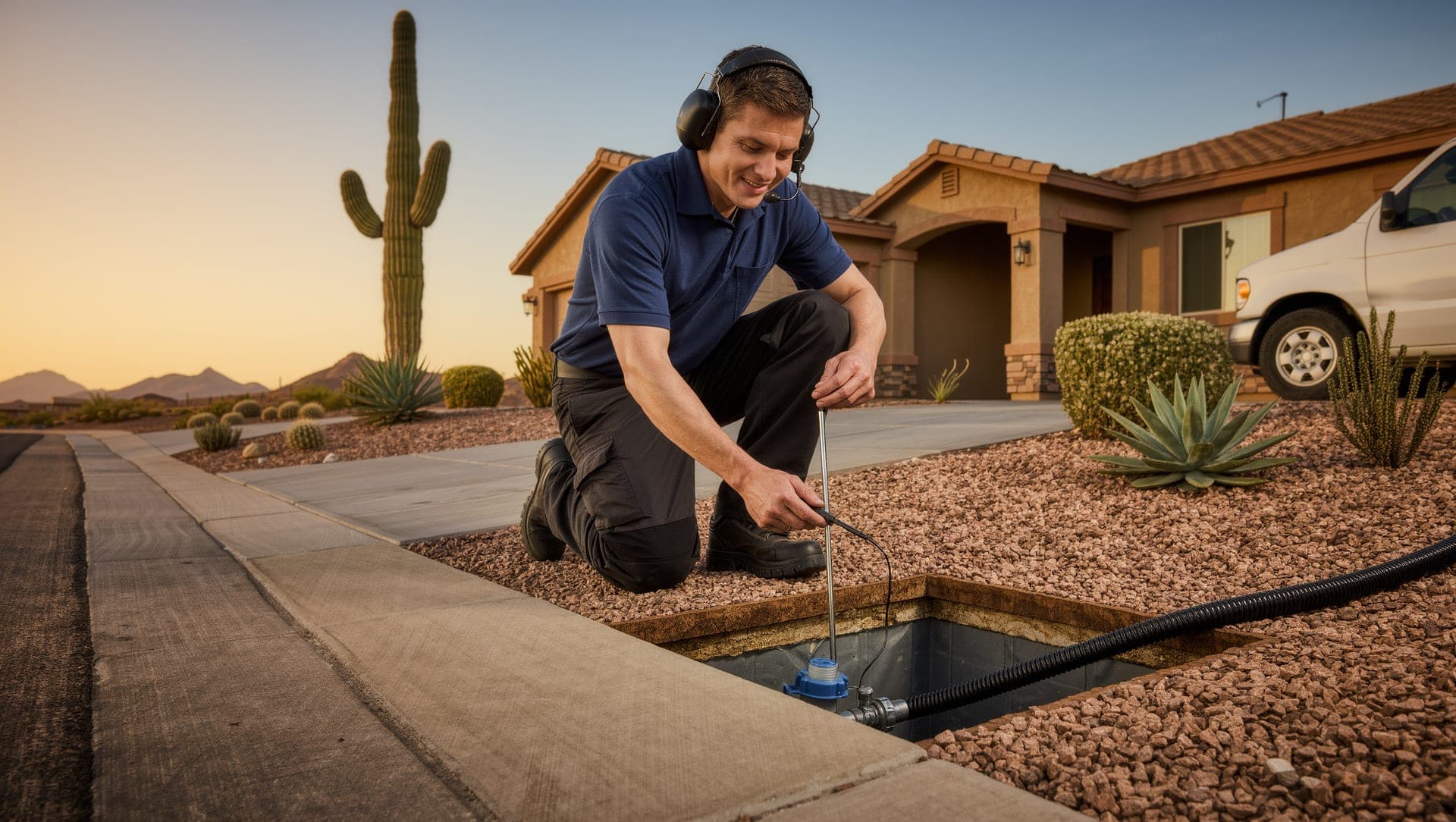 A leak detection technician in headphones kneeling at the water meter box in the gravel front yard of a Phoenix home at sunset, with a saguaro and a white service van behind him