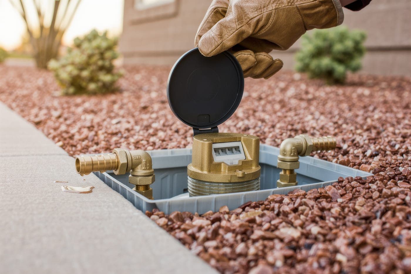 A gloved hand lifting the cap on a brass water meter in a meter box set in desert gravel beside the curb