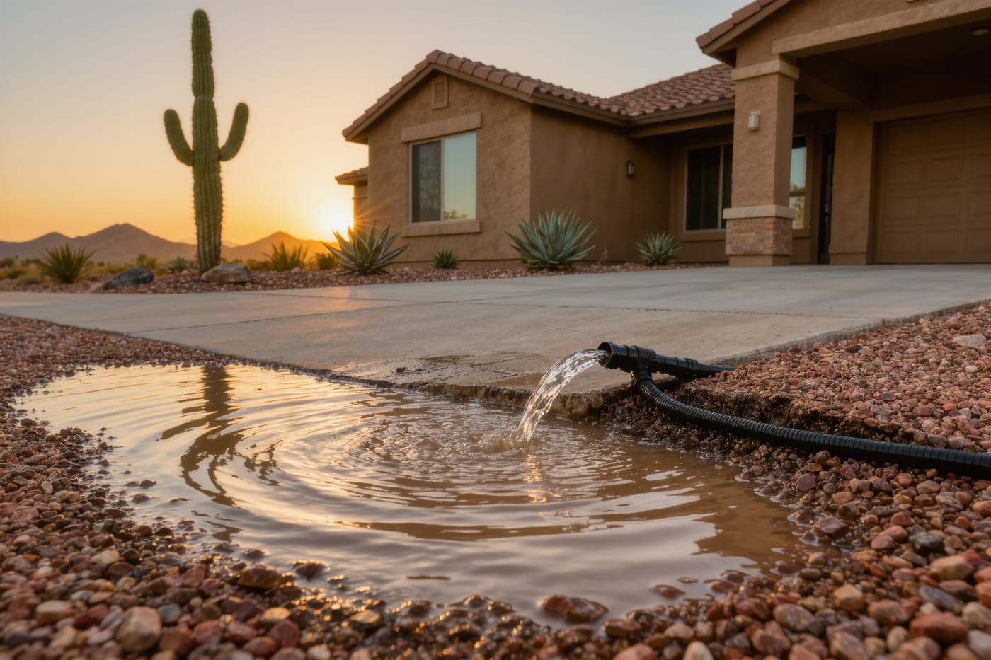Water pouring from a broken line and pooling in the gravel front yard of a Phoenix home at sunset